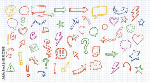 Collection of colorful hand drawn doodle icons featuring arrows speech bubbles hearts stars question marks and exclamation points on grid paper background