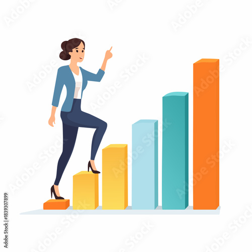 Illustration of a determined businesswoman ascending a growth chart symbolizing career advancement and success