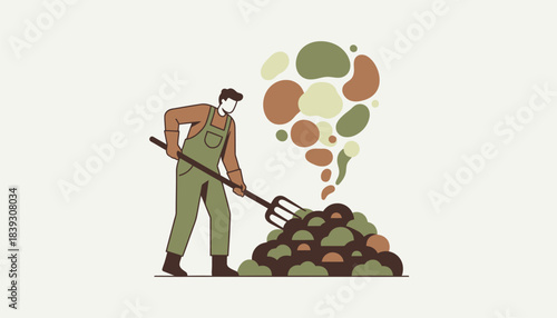 A person using a pitchfork to aerate a mound of compost releasing a cloud of earthy aroma into the air.