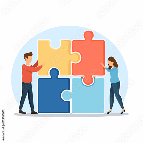 Two people collaboratively assemble puzzle pieces in a modern vector illustration, symbolizing teamwork, business partnership, problem-solving, and shared success