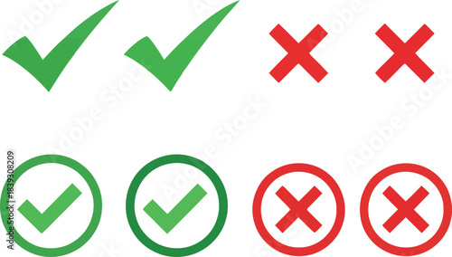Set of four green checkmark icons and four red cross icons representing approval and rejection symbols in various simple graphic styles for user interface design