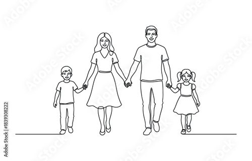 Happy family in continuous line art drawing style. Happy family parenting concept. Modern continuous line draw design