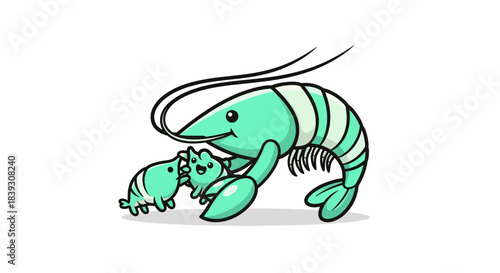Adorable cartoon shrimp with two baby shrimp, a heartwarming family moment.