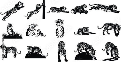 Collection of dynamic tiger silhouettes in various poses and actions