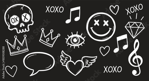 Collection of white hand drawn doodle icons featuring skulls hearts crowns music notes and smiley faces on a black background for edgy design projects