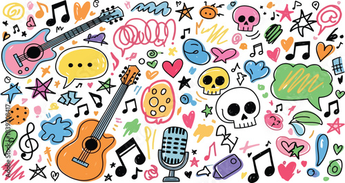 Vibrant collection of hand drawn music icons featuring guitars skulls microphone and colorful doodle elements perfect for creative artistic backgrounds