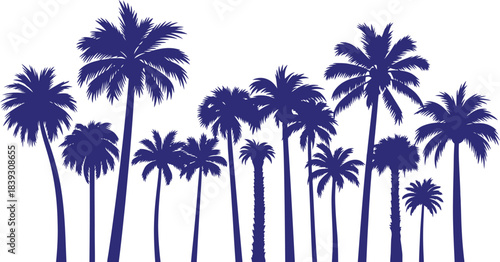 Striking collection of deep blue palm tree silhouettes standing tall against a clean white background evoking tropical vacation vibes and summer relaxation