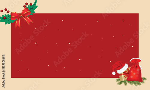 Red Christmas Background with Holly Bow and Santa Hat Frame Festive Holiday Banner Template Design