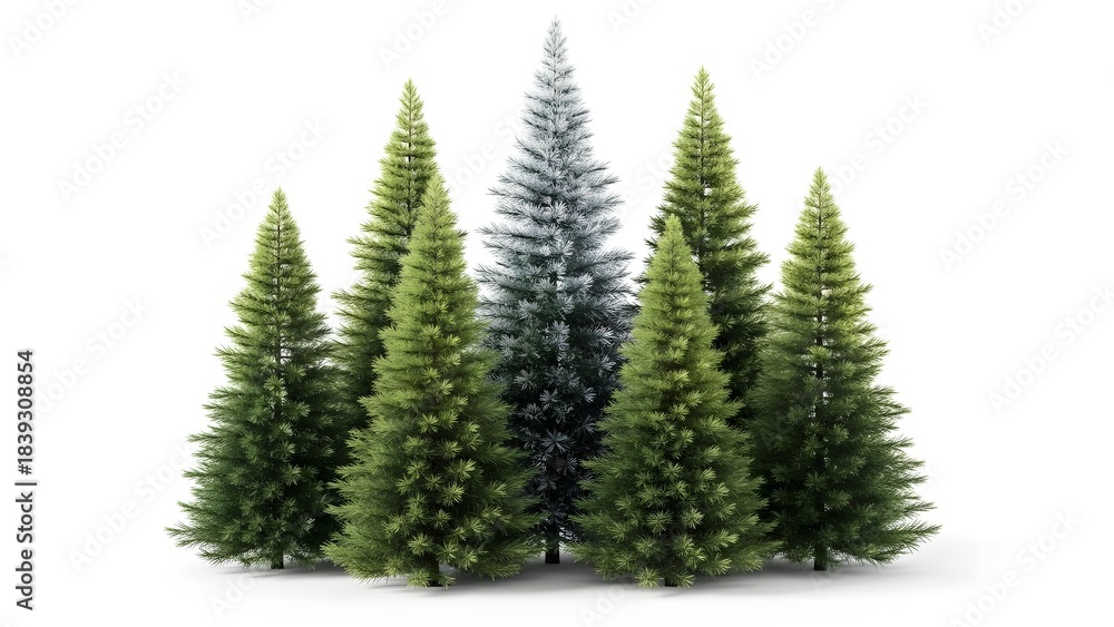 Obraz premium Group of christmas trees with one frosted tree in the center, isolated on white background