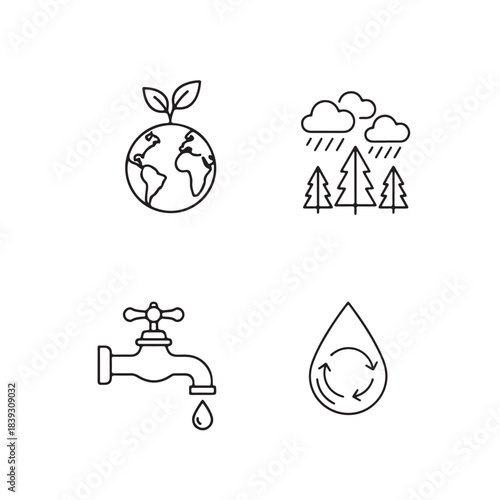Eco Conservation Line Icons – Earth, Forest Rain, Water Tap, Sustainability Drop
