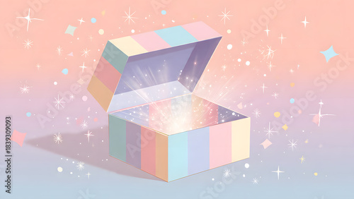 Enchanted Box of Wonders: A brightly colored box, radiating an ethereal glow, holds the promise of surprises and delights. The image is full of mystery and expectation. 