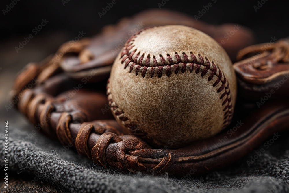 Fototapeta premium Moody Vintage Baseball Glove Closeup