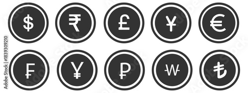Set of currency symbols dollar, euro, pound, yen, won, rupee, franc, bitcoin, lira, ruble icon vector. Popular international currency sign isolated on transparent background. Vector illustration