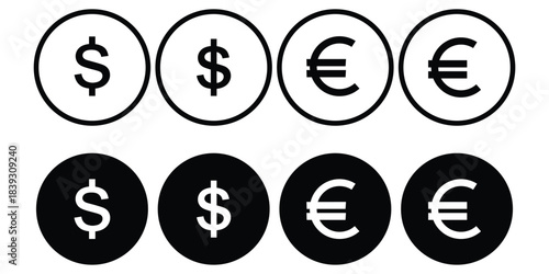 Set of currency symbols dollar, euro, pound, yen, won, rupee, franc, bitcoin, lira, ruble icon vector. Popular international currency sign isolated on transparent background. Vector illustration