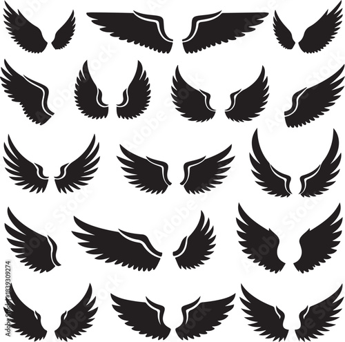 Collection of stylized black wings illustrations isolated on white background, various shapes and sizes of angel wings vector art