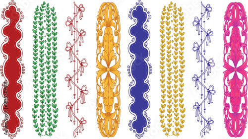 Vibrant collection of eight decorative vertical border elements featuring baroque foliage ribbons and wavy shapes in rich colors for design projects