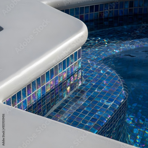 Close-up of a luxurious swimming pool edge featuring white coping and vibrant iridescent blue mosaic tiles reflecting light on clear water.