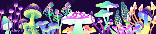 Neon psychedelic mushrooms on horizontal banner. Background with different psilocybin boletus. Trippy, poisonous boletes. Magic, toxic plants. Hallucinogenic forest fungus. Flat vector illustration.