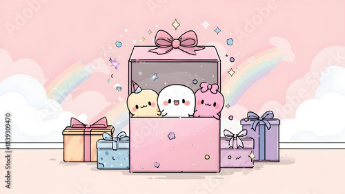Gift Box's Animated Characters: Three charming animated characters pop out of a beautifully wrapped gift box surrounded by additional presents and a soft-hued rainbow.