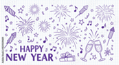 Hand drawn doodle pattern featuring vibrant purple fireworks champagne toasts musical notes stars and a gift box celebrating the new year on graph paper background