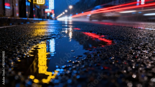 Wet asphalt street reflecting vibrant yellow and blue neon signs with streaking red taillights from blurred vehicles moving quickly during night rain.