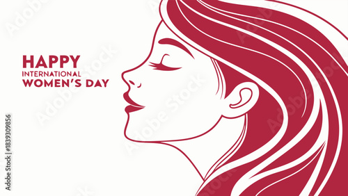 Serene woman profile with flowing hair, red illustration, celebrating international women's day.