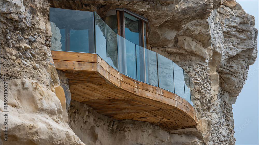 Fototapeta premium Modern architectural balcony with glass railing and wood cladding built directly into a natural rock cliff face overlooking a view