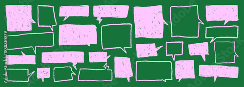 Funky crayon speech bubbles set. Comic pink chalk doodle text boxes for notes. Hand drawn pencil blank rectangle elements for text. Vector sketch talk shapes. Pencil charcoal line silhouettes.