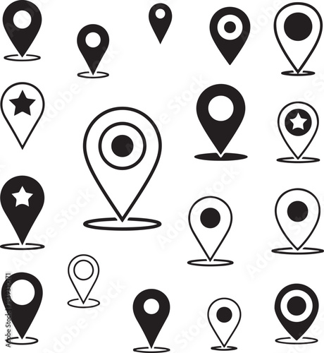Collection of essential black and white map pin and location marker icons for various geographic purposes isolated on white background 