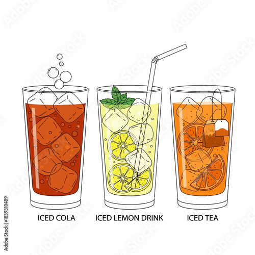 Hand drawn illustration of three cold drinks including cola lemonade and iced tea