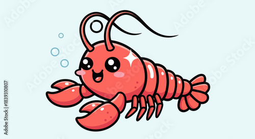 Cute red lobster cartoon character with big sparkly eyes.