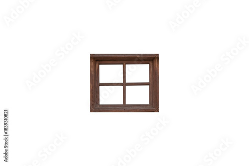 Small brown wooden window frame with four panes is isolated.