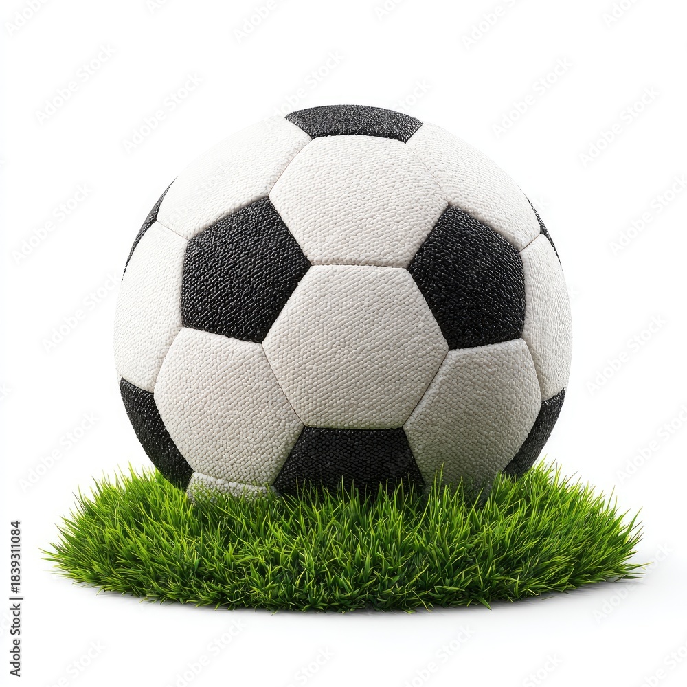 Obraz premium Black and white soccer ball resting atop a patch of green grass on an isolated white backdrop