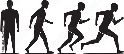 Human movement progression: standing, walking, jogging, and running silhouettes for fitness and exercise concepts.
