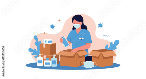 A female volunteer wearing a face mask carefully packs medical supplies and sanitizers into donation boxes during a pandemic.