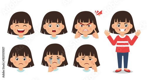 A set of a young girl's facial expressions shows various emotions like happiness sadness anger and surprise in a cute style.