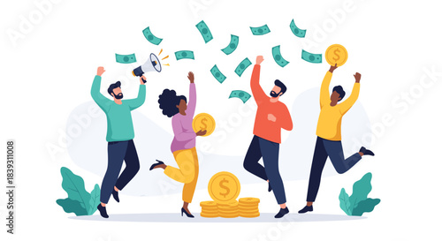 A diverse group of joyful people celebrates financial success by tossing money in the air and holding large gold coins.