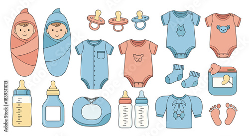 An adorable collection of newborn baby items in pink and blue including clothes bottles pacifiers and swaddled infants.