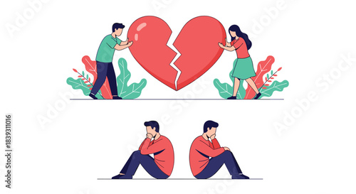 A set of illustrations shows a couple first working together to fix a broken heart and then sitting apart in sadness.