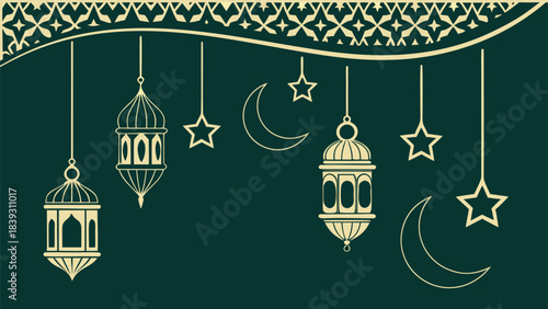 Islamic festive hanging lanterns, crescent moons, and stars with ornamental border design. cultural.