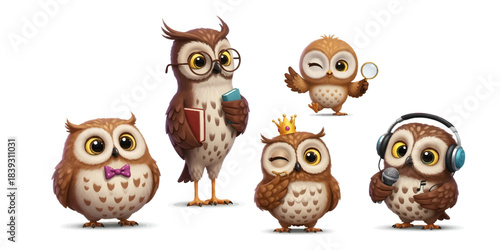 Adorable 3D Cartoon Owl Character Set - Scholar, Detective, Singer, and Royal Owls with Magnifying Glass, Books, and Headphones for Education, Learning, and Music Themes