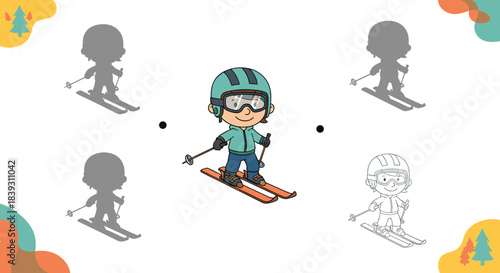 A fun educational game for kids with a cartoon boy skier challenges them to find the correct shadow and a version to color.