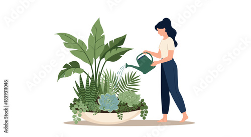 A young woman is watering a large and beautiful arrangement of various succulent and leafy plants in a wide decorative pot.