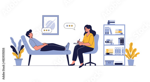 A male patient lies on a couch and talks to a female psychologist or therapist who is taking notes during a session.