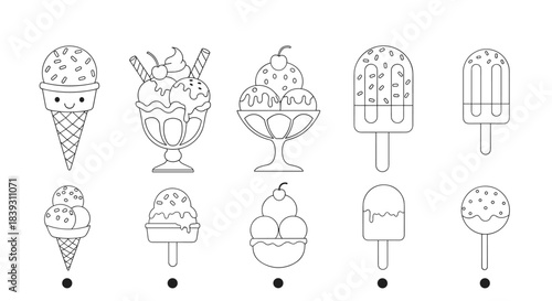 A connect-the-dots style coloring page for kids features a variety of delicious ice cream cones sundaes and popsicles.
