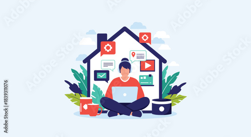 Woman works remotely from home on a laptop while wearing headphones surrounded by plants and business application icons. It is a modern style.