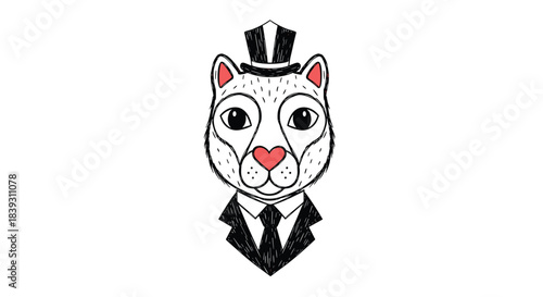 Hand-drawn sketch of a dapper animal character wearing a top hat and a suit with a heart-shaped nose. The drawing is very cute.
