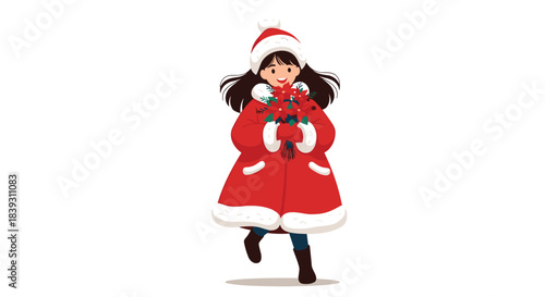 Cheerful young girl in a red winter coat and Santa hat smiling while holding a beautiful bouquet of red poinsettia flowers.