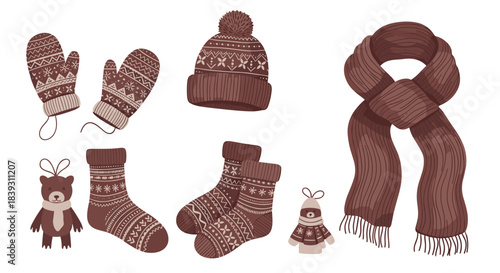 Cozy collection of hand-drawn brown winter knitwear including a hat scarf mittens and socks with ornaments. It is a very cute design.