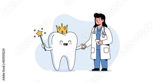 Friendly female dentist shakes hands with a happy cartoon tooth character wearing a crown and holding a magic wand. It is a good design.